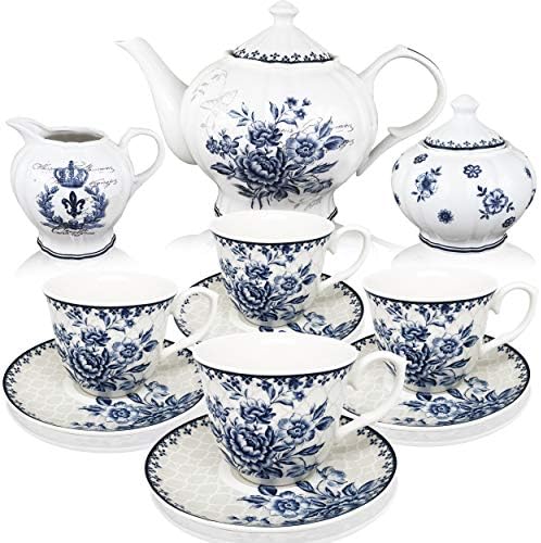 Brew To A Tea Blue Dream Tea Set, 48oz Teapot, 8oz Tea Cups, Saucers
