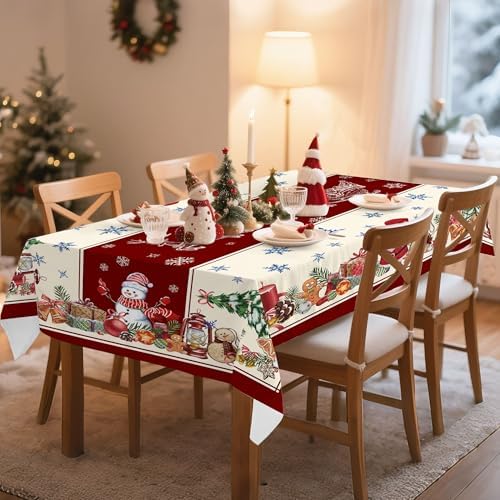 Hexagram Christmas Tablecloth Rectangle 60x120 Inch, Red Snowman