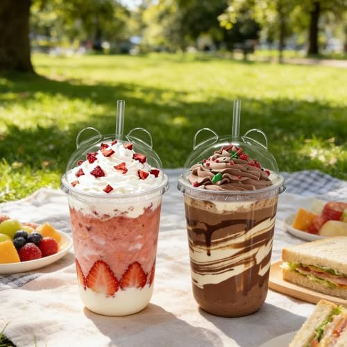 Qsqwsuye 16oz 50 Set Disposable Plastic Cups with Dome Lids and Straws