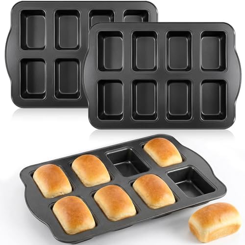3 Pack Carbon Steel Mini Loaf Pans, 8-Cavity Non-Stick Square Small
