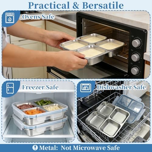 Stainless Steel Snack Containers with Lids, 4 Compartment Bento Snack