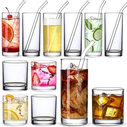 [12 Pack] Glass Cups with Glass Straws, 12oz Highball & Rock Drinking