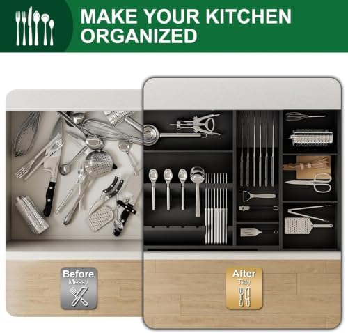 Bamboo Expandable Kitchen Drawer Organizer, 17.8-30 in,Black
