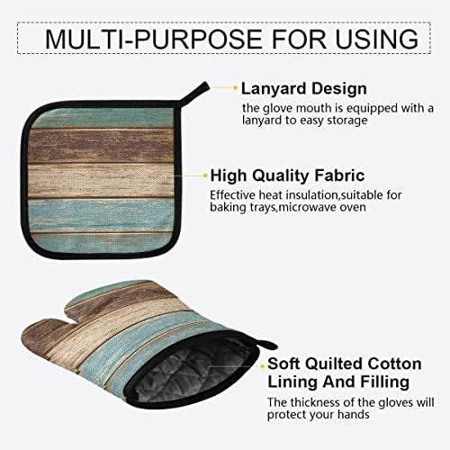 Oven Mitts Quilted Cotton Lining Farm Wooden Texture Potholders BBQ