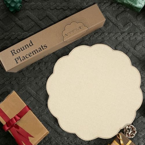 AHHFSMEI Round Scalloped Placemats Set of 4 15 Inch Faux Linen
