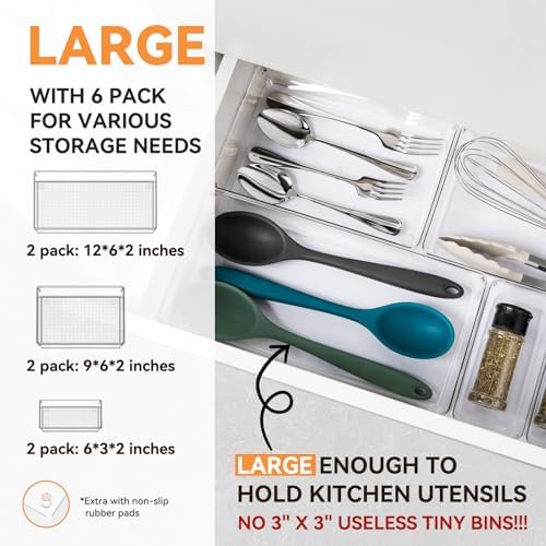 6 Pack Clear Plastic Drawer Organizer Trays