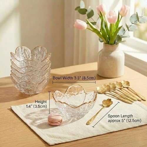 3.3“ Small Sakura Dipping Bowls Set with Gold Spoons,Clear Glass Sauce