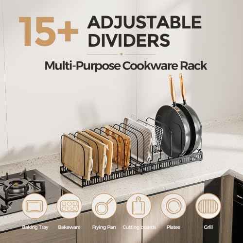 MUDEELA Expandable Cutting Board Organizer Pot Lids Rack 15 Dividers 1-Pack
