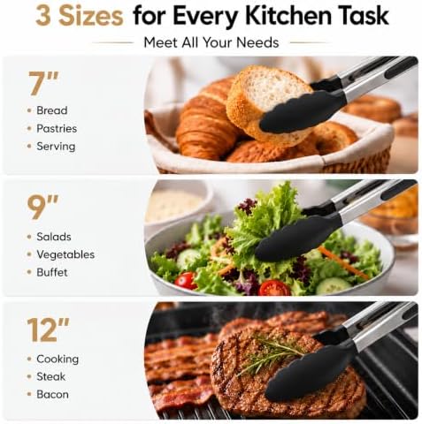 Kitchen Tongs Set, 3 Pack, 7+9+12", Silicone Tips