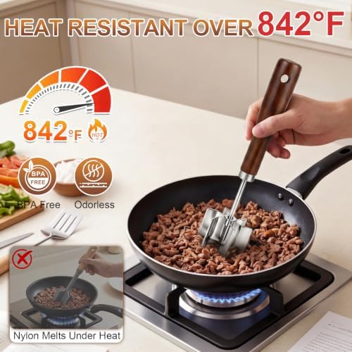 Stainless Steel Meat Chopper, 6 Curve Blades Beef Masher with Wooden