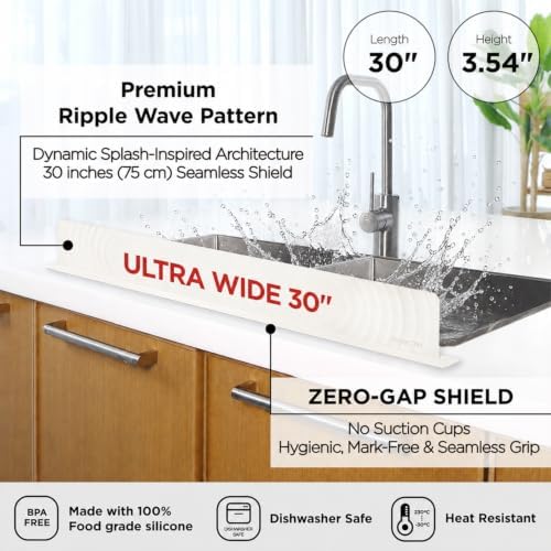 30" (75cm) Kitchen Sink Splash Guard, Silicone Water Guard - White