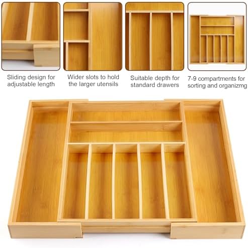 Bamboo Drawer Organizer, Expandable Flatware Cutlery Tray, 9 Slots