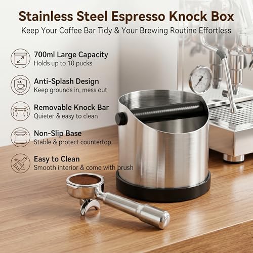 Espresso Knock Box, Stainless Steel, 10 Espresso Pucks, 700ml