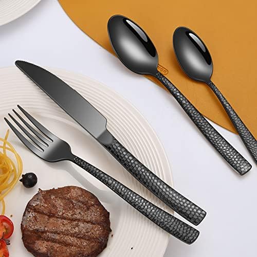 20-Piece Black Silverware Set, Stainless Steel Hammered Flatware Set