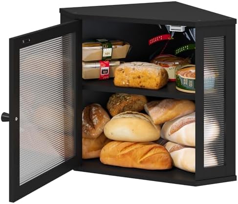 viewcare Corner Bread Box for Kitchen Counter, Bamboo Wood Black Bread Box, Large Capacity Bread Storage Bin with Acrylic Wavy Door Panel (Black, Meduim)