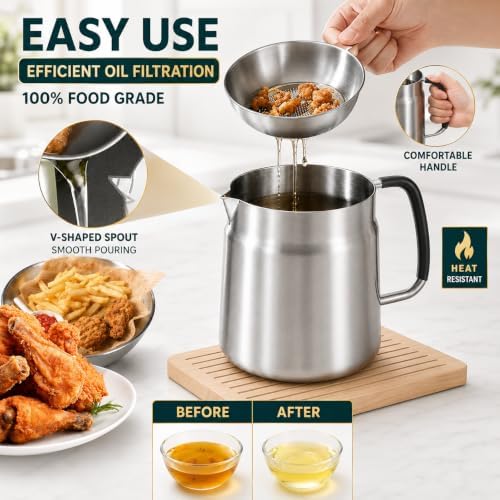 Oil Filter Pot, 68oz 2L, 304 Stainless Steel Cooking Oil Strainer