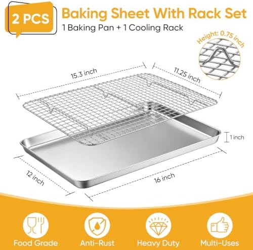 TeamFar Stainless Steel Baking Sheet with Wire Rack Set, 16"x 12"x 1"