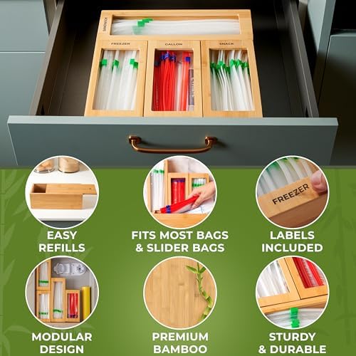 Bamboo Storage Bag Organizer for Kitchen Drawer, Plastic Baggie