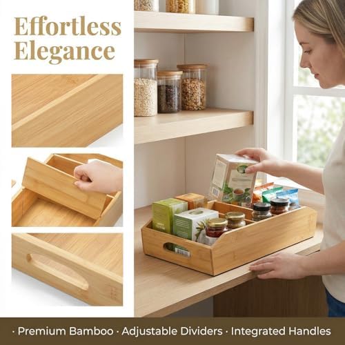 Pumtus 2 Pack Bamboo Pantry Organizers, Storage Bin with Removable