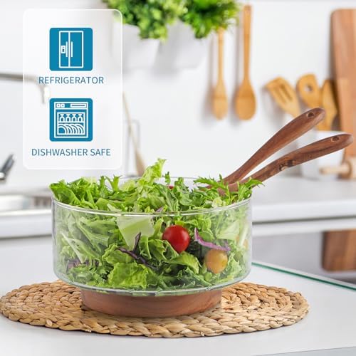 MDLUU Large Glass Salad Bowl with Wood Utensils Set, Serving Bowls for