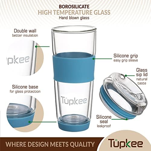 Double Wall Glass Tumbler, 14-Ounce Glass Travel Coffee Mug with Lid