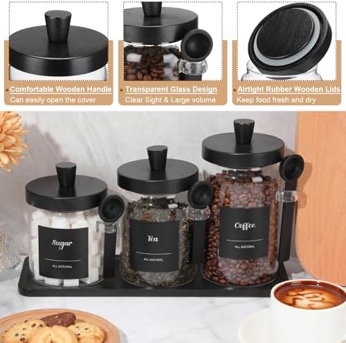 Suclain 3 Pcs Glass Coffee Container Set, 13.5,20,25 oz, Black Bamboo
