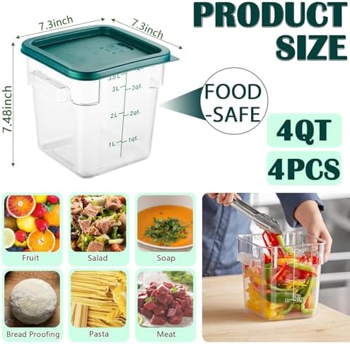 4 Pack 4QT Food Storage Containers with Green Lids - Square, Clear