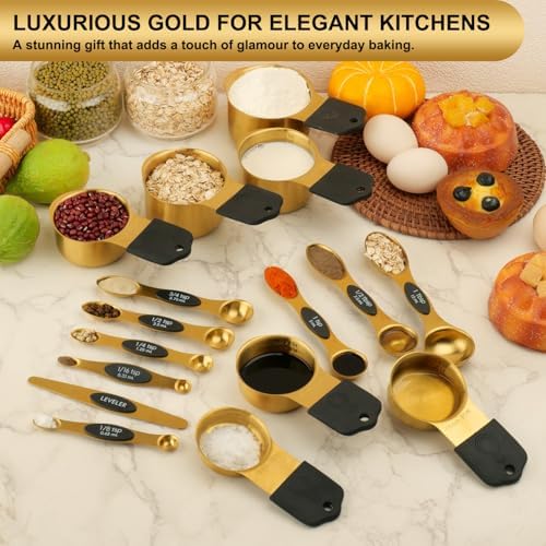Gold Magnetic Measuring Cups & Spoons Set of 16, 7 Stainless Steel