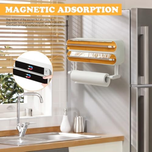 Magnetic Plastic Wrap Dispenser with Cutter - Quasziwa Refillable Tin Foil and Plastic Wrap Organizer for Kitchen, Aluminum Foil Dispenser with Paper Towel Holder Wall Mount - Fits 12" Roll, White