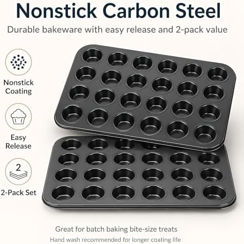 Kingrol 2 Pack Petite Mini Muffin Pan, 24-Cup Nonstick Carbon Steel