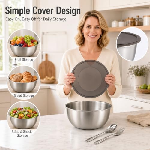 Salad Bowl Set, Stainless Steel Mixing Bowl with Lid, Dishwasher Safe