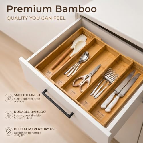 Expandable Bamboo Drawer Organizer for Kitchen Utensils, Adjustable