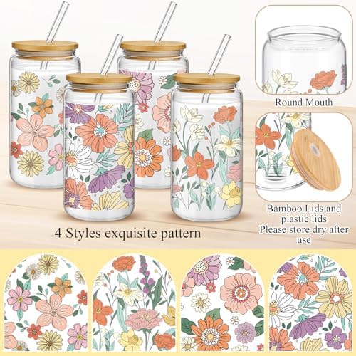 Mumufy 4 Pack Bohemian Flower Glass Cup, 16 oz Tumbler Mug with Bamboo