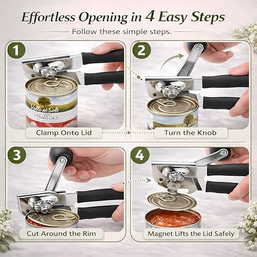 Heavy Duty Manual Can Opener for Seniors & Adults with Magnetic Lid