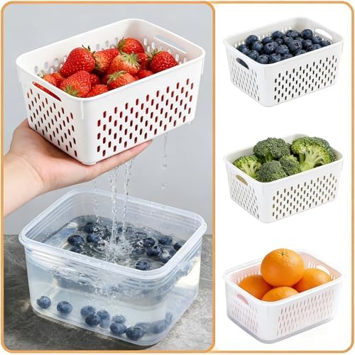 3-Pack Fruit Storage Containers with Strainer and Drain Lid