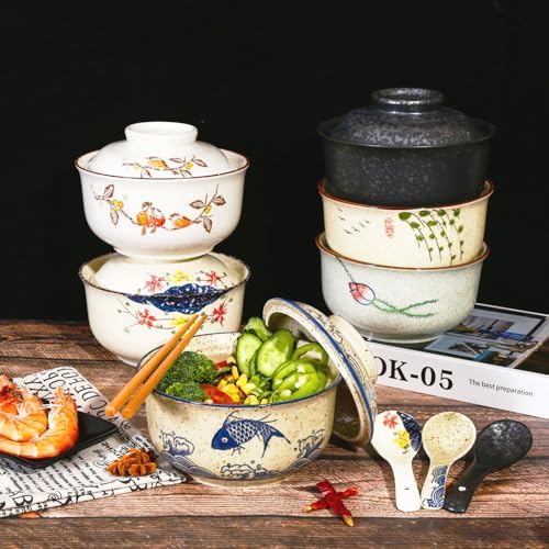 Ceramic Ramen Bowl Set, 800ml, with Lid, Spoon and Chopsticks