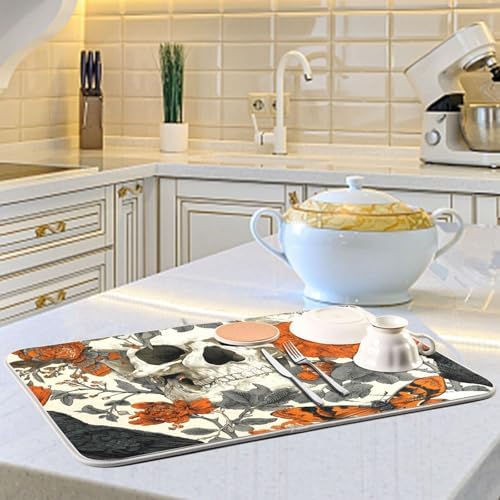 OTVEE Dark Art with Skulls Dish Drying Mat for Kitchen Counter