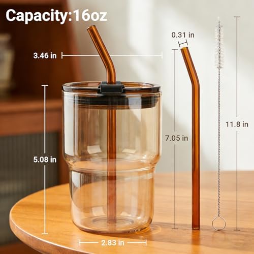 Luxfuel 16 oz Glass Cups with Lids and Straws Reusable Iced Coffee