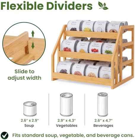HOMESTEAD Bamboo Can Organizer for Pantry - 3 Tier Rack with Adjustable Dividers, Gravity Feed Canned Goods Organizer, 36 Cans Soda Storage