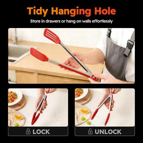 HST Non Stick Silicone Kitchen Tongs, 3 Pack 12 Inch Red BBQ Cooking