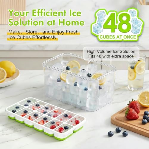 Ice Cube Tray with Lid and Bin - 4 Pack 48 Cubes Stackable Freezer