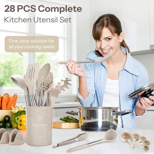 NCUE 28-Piece Silicone Kitchen Utensil Set, Stainless Steel Handles
