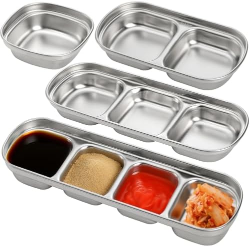 SOUJOY 4 Pcs Stainless Steel Sauce Dish, Divided Seasoning Sauces Dip
