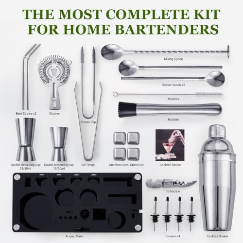 KINGROW Cocktail Shaker Set, 23 Piece Bartender Kit with Stand 25oz