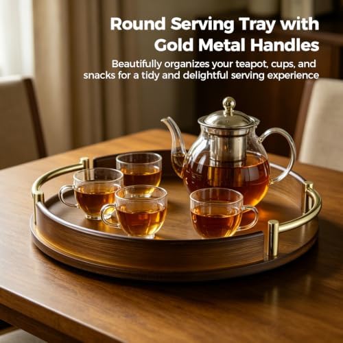 Round Decorative Tray with Gold Metal Handles, 11.8 in Wood Serving