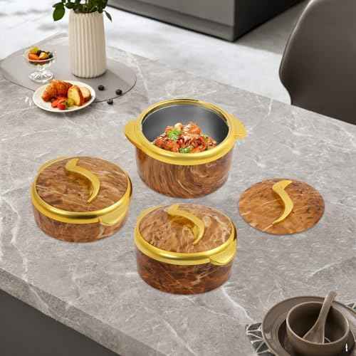 3-Piece Thermal Dish Set with Lids, Insulated Stainless Steel Container, Serving Bowl & Casserole Dish, Round Yellow & Gold, 0.4/0.53/0.66gal, 4H Insulation for Hot & Cold Food