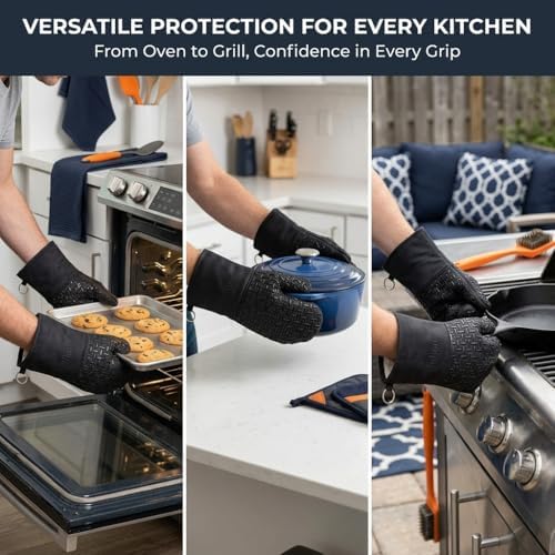 Xlnt Extra Long Black Oven Mitts, Heat Resistant