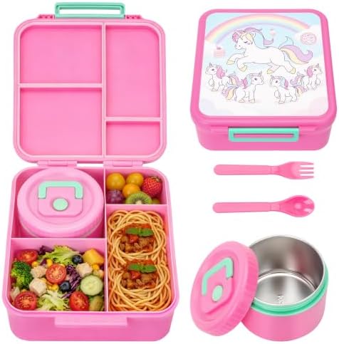 Kids Bento Lunch Box with 12oz Insulated Food Jar, 4-Compartment Lunch