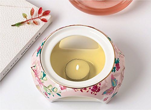 YBKTEX Glass Teapot with Ceramic Warmer- Butterflies Pattern (Pink)