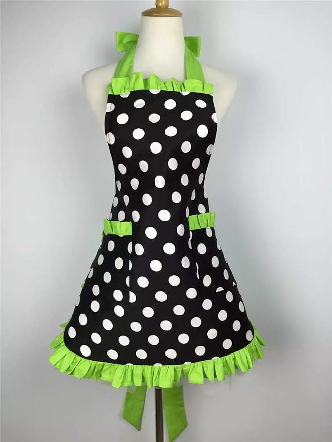 Hyzrz Cute Apron Retro Black Polka Dot Retro Ruffle Side Vintage Cooking Aprons - Image 4